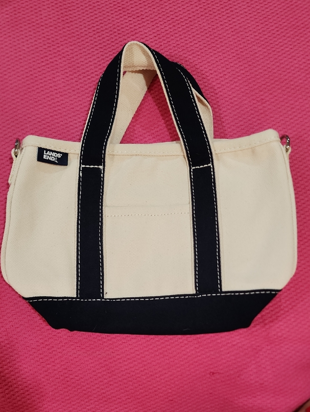NWOT Lands' End Small 3 Pocket Natural/Navy Open Top Canvas Tote Bag - Picture 3 of 12
